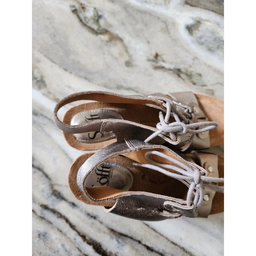 Sofft Metallic Pewter Leather Lace Up Cork Wedge Sandals Studded Silver‎ 7.5